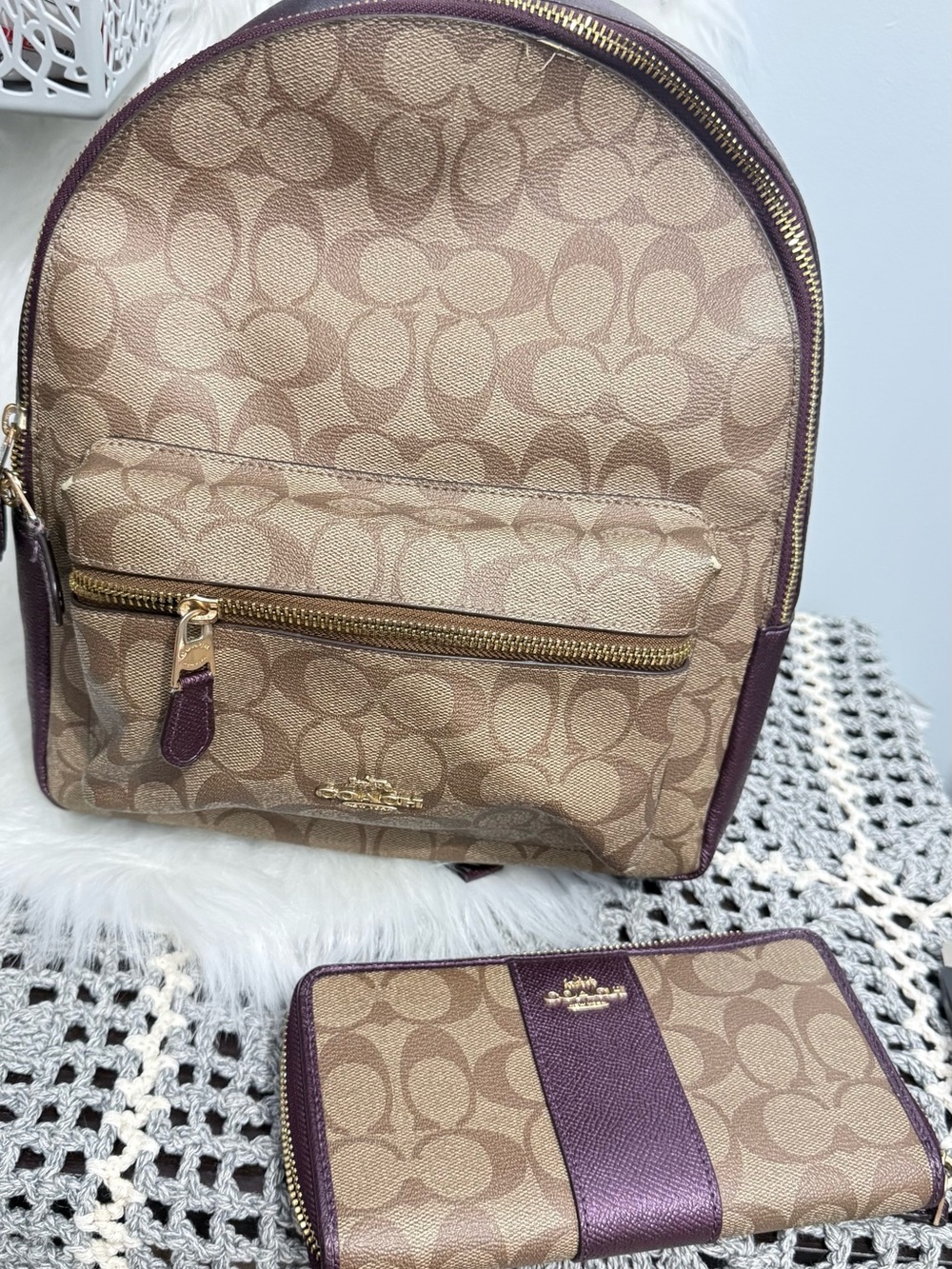 Coach Brown Signature Canvas Backpack and Wallet with Purple Trim - Picture 3 of 6